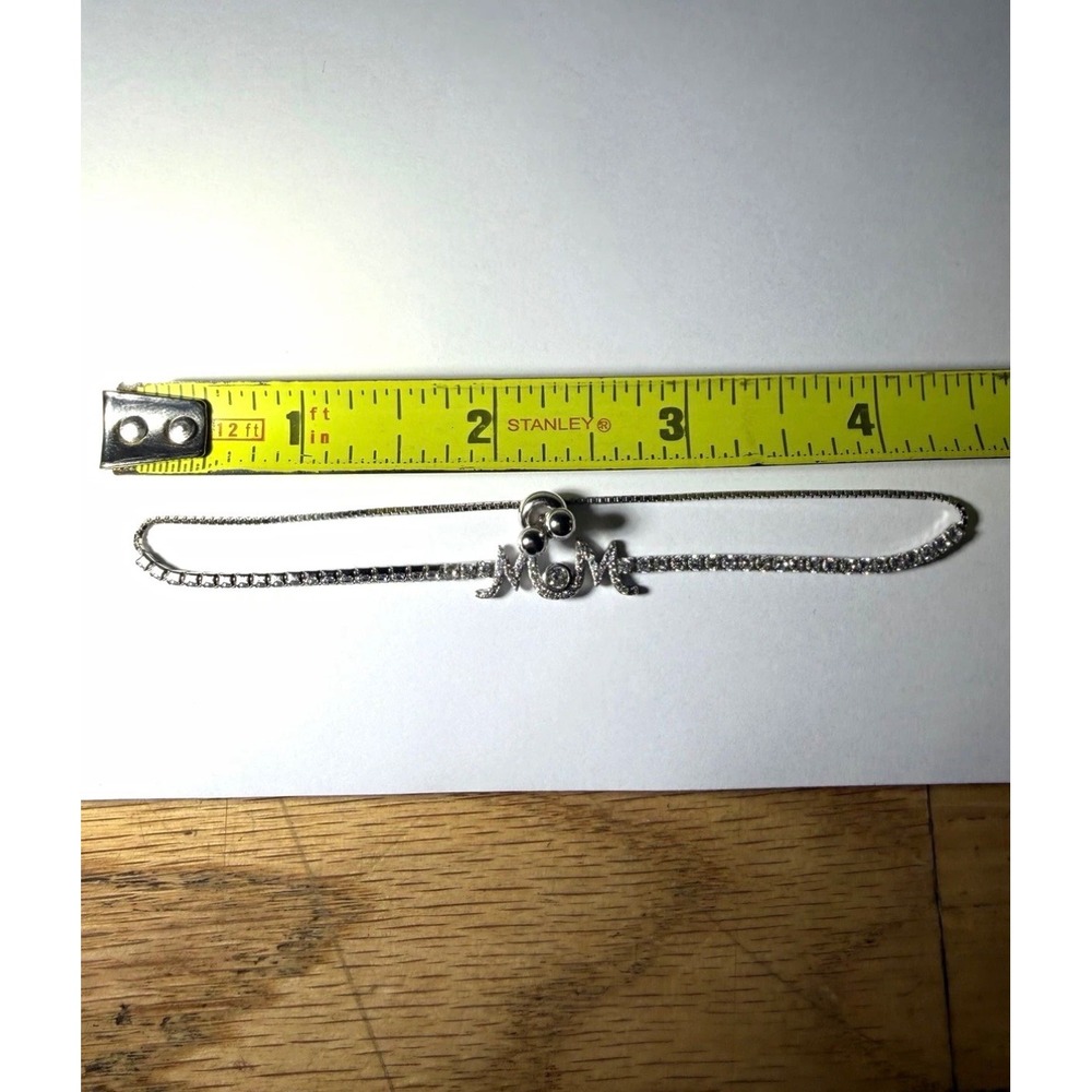 Sterling Silver MOM Cubic Zirconia Bolo Bracelet Adjustable Tennis Box Chain 925